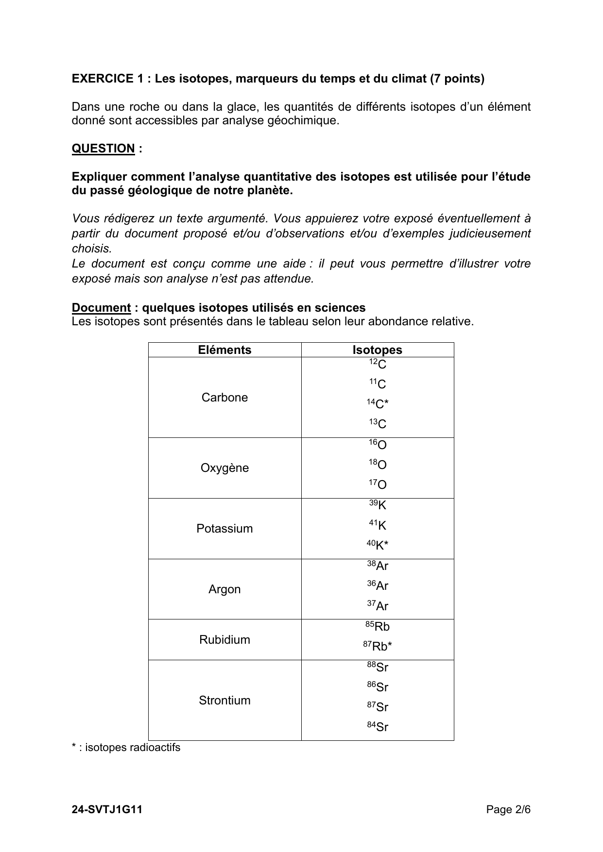 Sujet officiel 2024 J1 (24-SVTJ1G11) - page 2 (Exercice 1 : question + tableau d'isotopes)