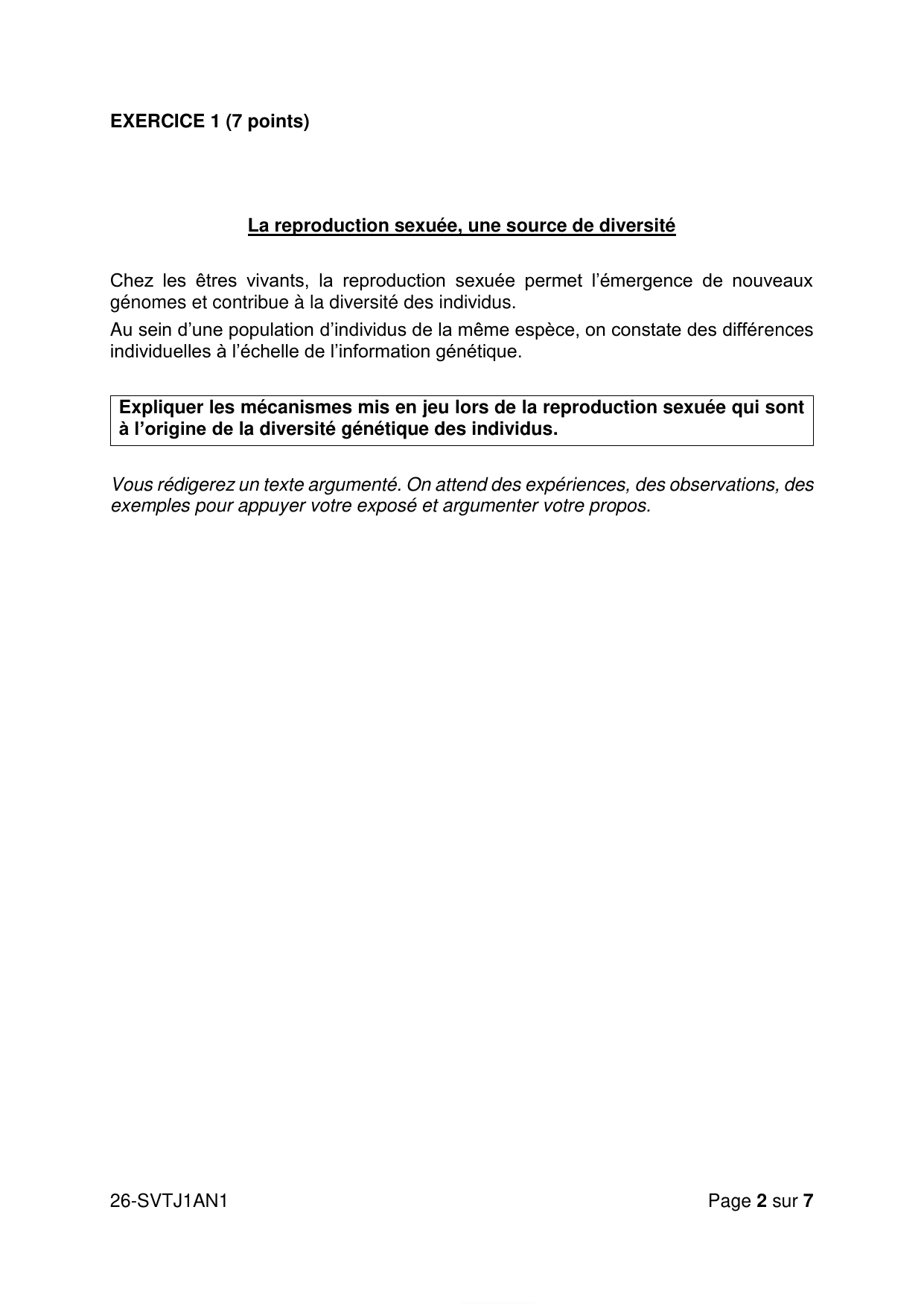 Sujet officiel Amérique du Nord J1 2026 - page 2 (Exercice 1 : reproduction sexuée)