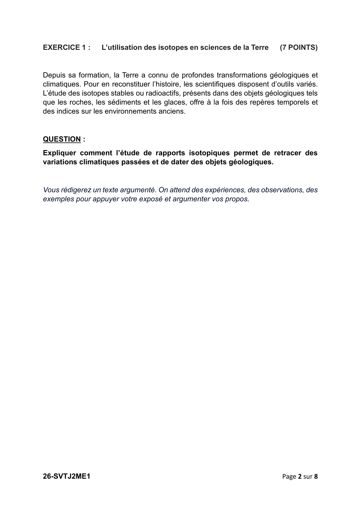 Sujet officiel Métropole J2 2026 - page 2 (Exercice 1 : isotopes en sciences de la Terre)